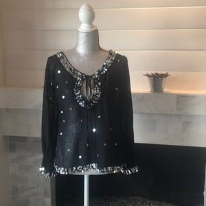 Izza Sheer Silver Sequined Black Tunic M EUC
